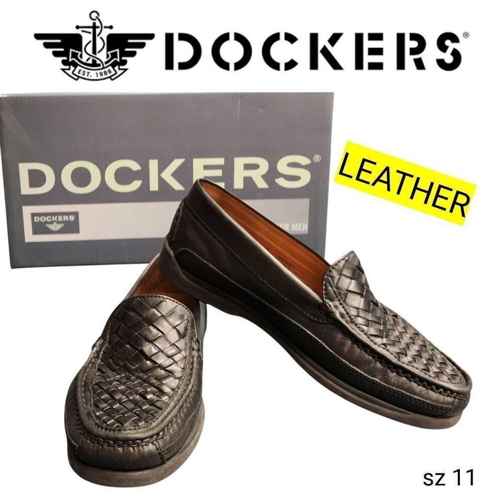 Dockers Genuine Leather Black Basketweave Dress Loafers Shoes in Original Box